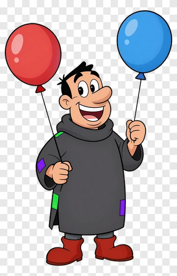 Cartoon Character Holding Red And Blue Balloons PNG