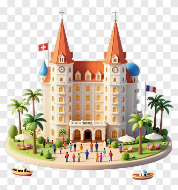 Colorful Hotel With Palm Trees And Guests PNG