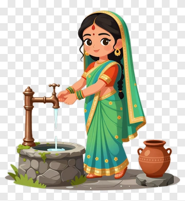 Woman In Traditional Saree Drawing Water From A Well PNG