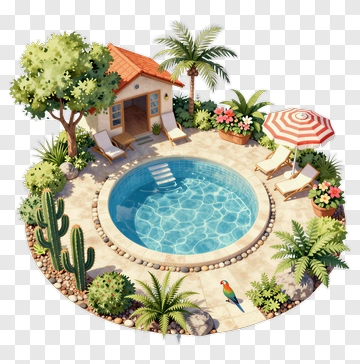 Tropical Poolside Retreat With Cactus And Palm Trees PNG