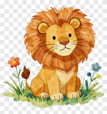 Cartoon Lion Sitting In A Flower Field PNG