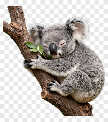 Koala Holding A Leaf On A Tree Branch PNG