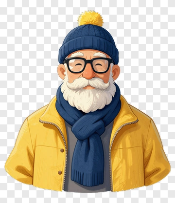 Cartoon Elderly Man Wearing A Yellow Jacket And Blue Beanie PNG
