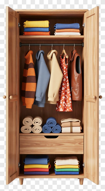 Wooden Wardrobe With Colorful Clothing And Towels PNG
