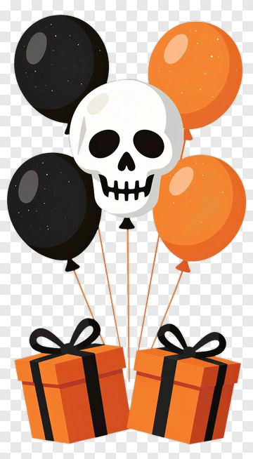 Halloween Skull With Balloons And Gift Boxes PNG