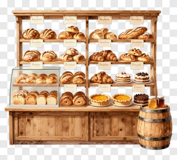 Bakery Display With Various Pastries And Desserts PNG