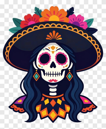 Colorful Sugar Skull Woman With Floral Hat PNG