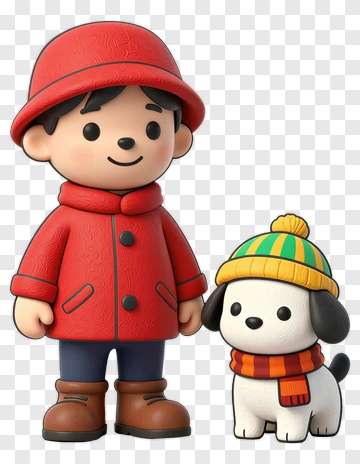 3D Boy With Dog In Winter Attire PNG