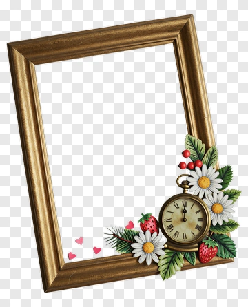 Vintage Picture Frame With Clock And Flowers PNG