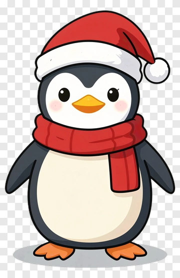 Cartoon Penguin Wearing A Santa Hat And Red Scarf PNG