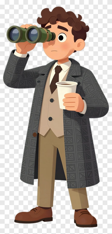 Cartoon Detective Holding Binoculars And Coffee PNG