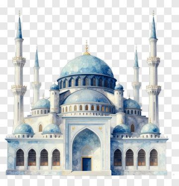Watercolor Mosque With Blue Dome And Minarets PNG