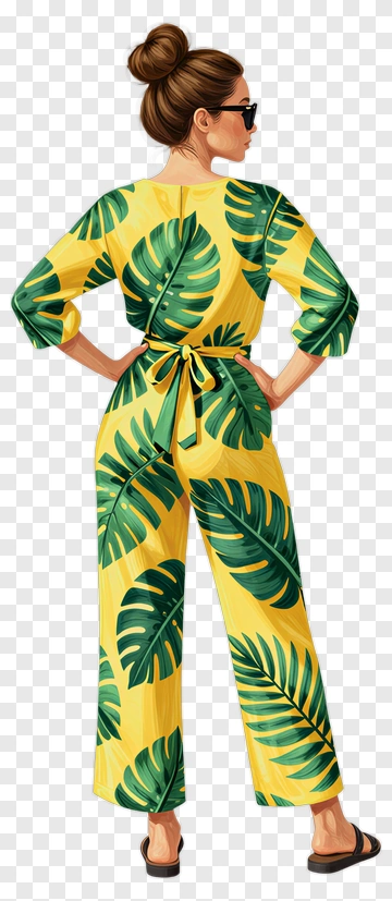 Woman In Yellow Leaf Print Jumpsuit PNG