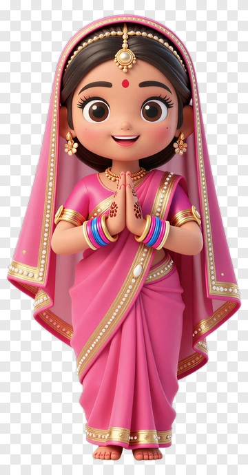 Cartoon Girl In Pink Saree With Hands Together PNG