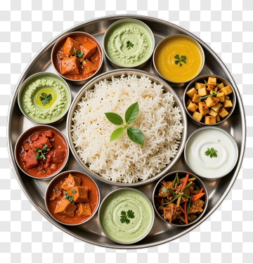 Indian Thali With Rice And Varied Dishes PNG