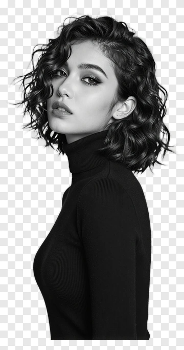 Woman With Curly Hair In Black Turtleneck PNG