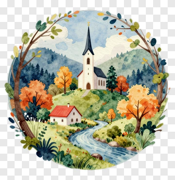 Watercolor Church In A Scenic Landscape PNG