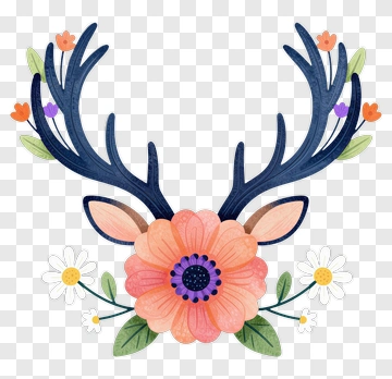 Floral Antlers With Pink Flower And Green Leaves PNG