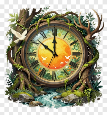 Nature-Inspired Clock Surrounded By Forest Elements PNG