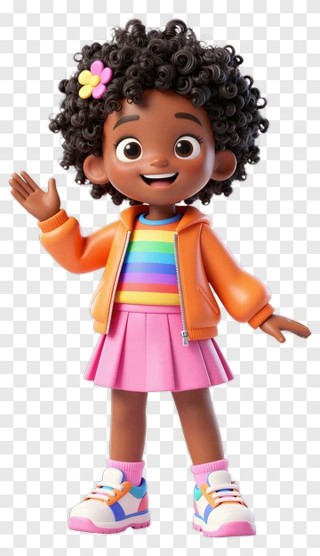 Cartoon Girl Waving In Colorful Outfit PNG