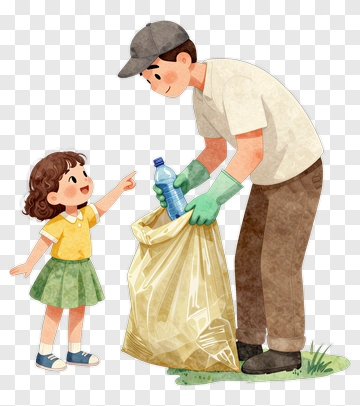 Child Pointing At Adult Holding A Trash Bag PNG
