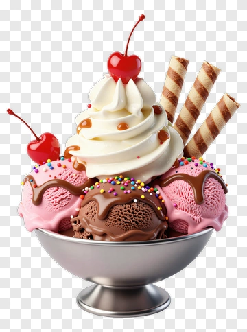 Ice Cream Sundae With Cherries And Wafer Sticks PNG