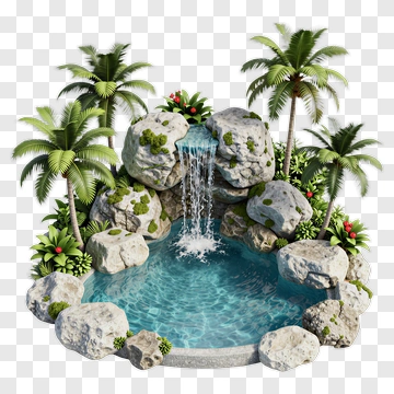 Tropical Waterfall With Palm Trees And Rocks PNG