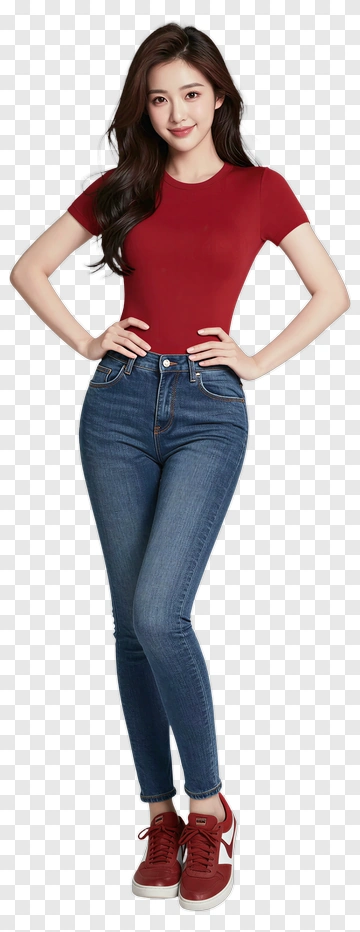 Woman In Red Top And Blue Jeans PNG