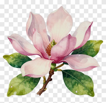 Watercolor Magnolia Flower With Green Leaves PNG
