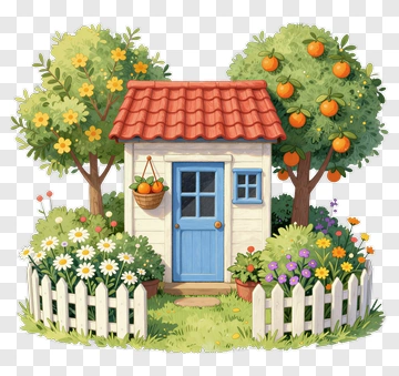 Colorful Cottage Surrounded By Flowering Trees PNG
