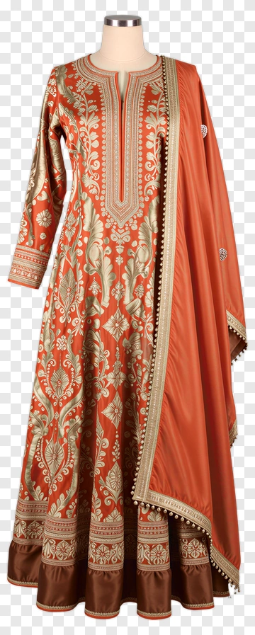 Elegant Orange Ethnic Dress With Embroidery PNG