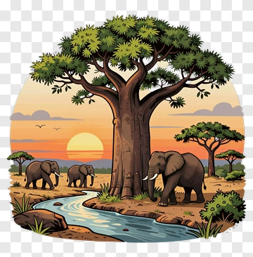 Elephants Near A River Under A Sunset PNG