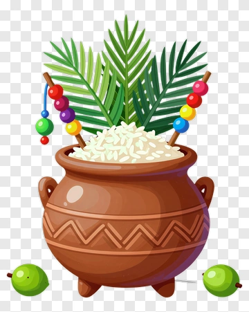 Colorful Rice Pot With Palm Leaves PNG