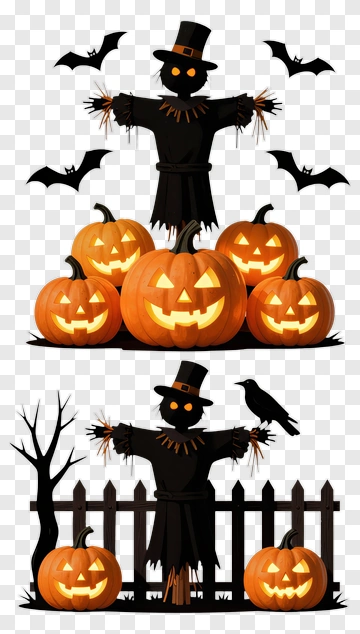 Halloween Scarecrow With Pumpkins And Bats PNG