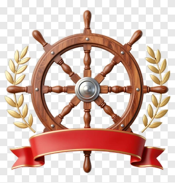 Wooden Ship Wheel With Laurel Leaves And Red Ribbon PNG