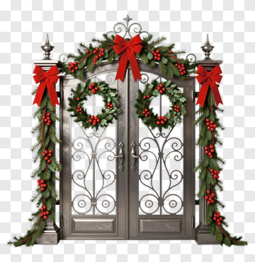 Christmas Door Decorated With Wreaths And Bows PNG