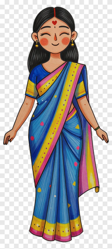 Cartoon Woman In Colorful Saree PNG