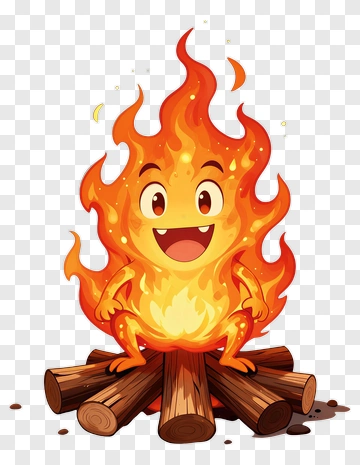 Cartoon Flame Character Sitting On A Campfire PNG