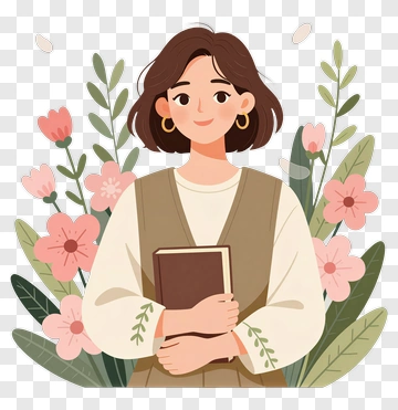 Woman Holding A Book Surrounded By Flowers PNG