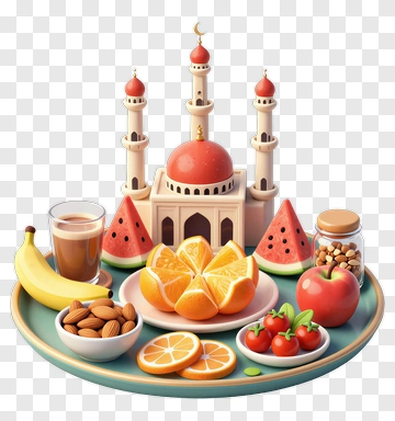 Colorful Food Platter With Mosque And Fresh Fruits PNG