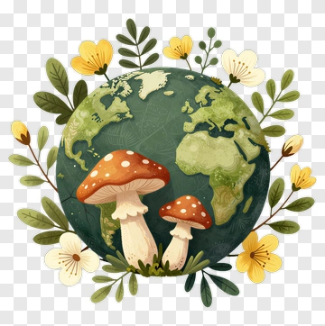 Mushrooms And Flowers On A Globe PNG