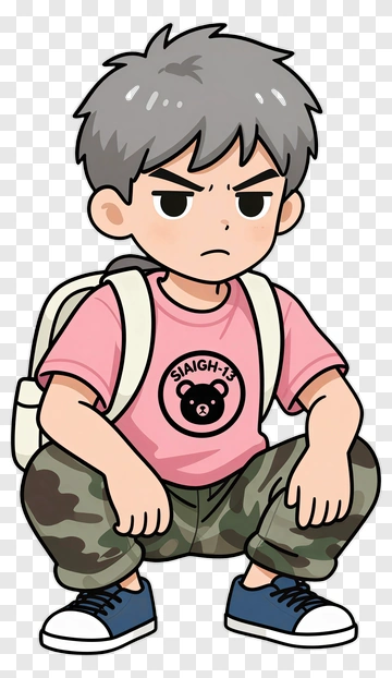 Cartoon Boy Squatting With Backpack PNG
