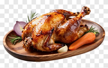 Roasted Chicken On A Wooden Platter PNG