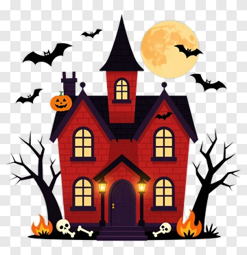 Halloween Haunted House With Bats And Pumpkins PNG