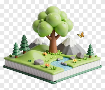 3D Tree With River And Mountains In A Storybook Scene PNG