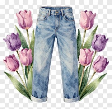 Jeans Surrounded By Purple Tulips PNG
