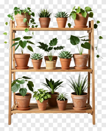Plant Shelf With Various Potted Plants PNG