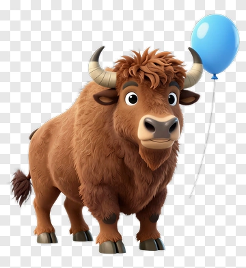 Cartoon Bison Holding A Blue Balloon PNG