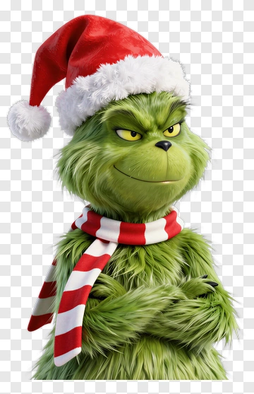 Grinch Wearing Santa Hat And Striped Scarf PNG