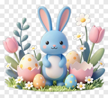 Cartoon Blue Bunny With Easter Eggs And Flowers PNG